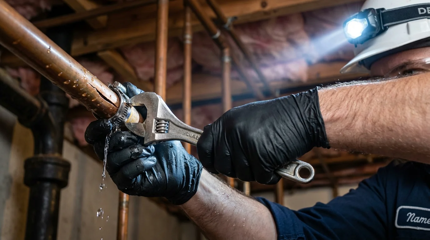 Emergency pipe clamp repair being performed by a Johns Plumbing LLC plumber in Bisbee