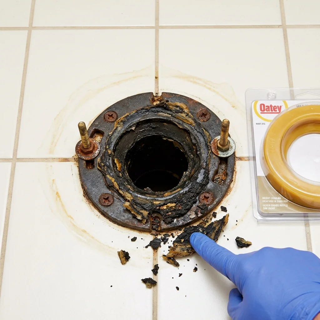 Failed wax ring showing water seepage at the base of a toilet in a Bisbee, AZ home