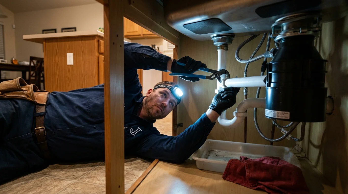 P-trap and supply line connections under a kitchen sink showing a common leak point in Bisbee, AZ